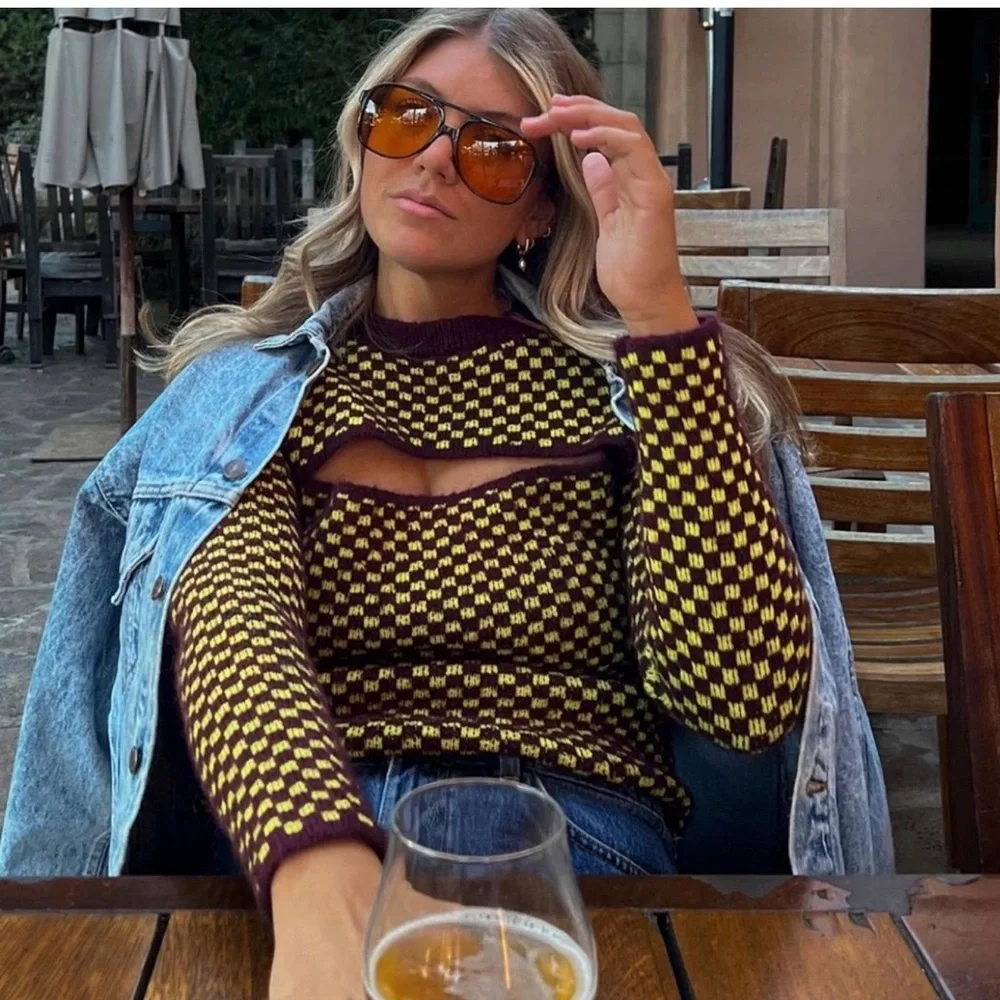 Zara Burgundy and Yellow checkerboard Knit Sweater - Picture 2 of 4